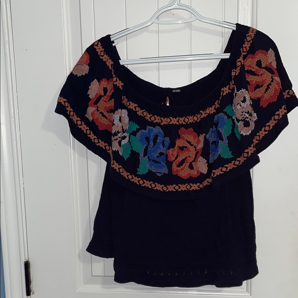 Free People Black Top with Multicolor Floral Embroidery